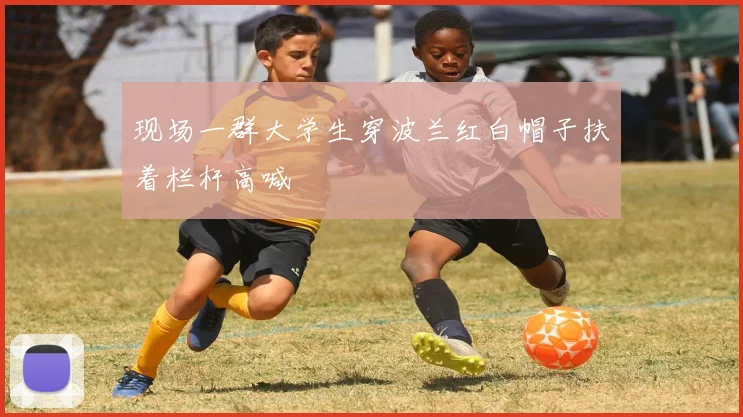 现场一群大学生穿波兰红白帽子扶着栏杆高喊